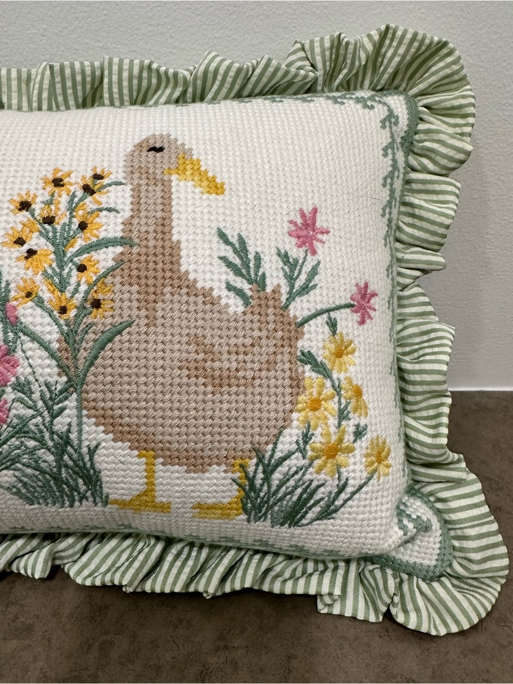Easter Needlepoint Pillow Chick Bunny Duckling Floral GrannyCore Cottage 17 x 10 - Picture 4 of 10